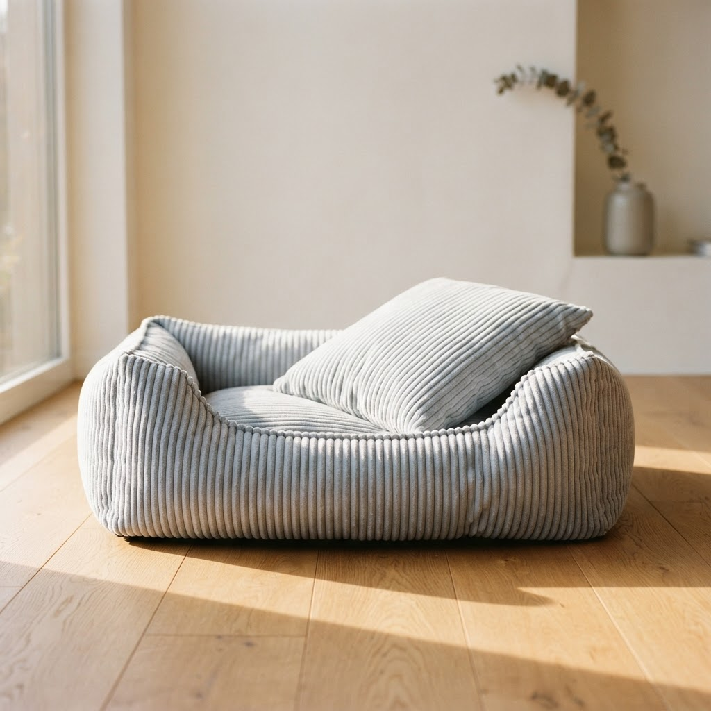A corduroy dog bed with cushion in a quiet sunlit corner of a minimal apartment